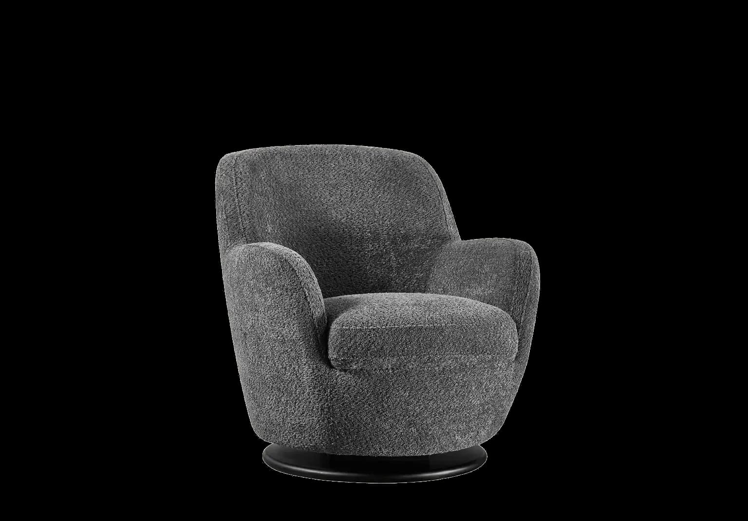 Fauteuil Coco — assise ronde en tissu bouclé, courbes contemporaines